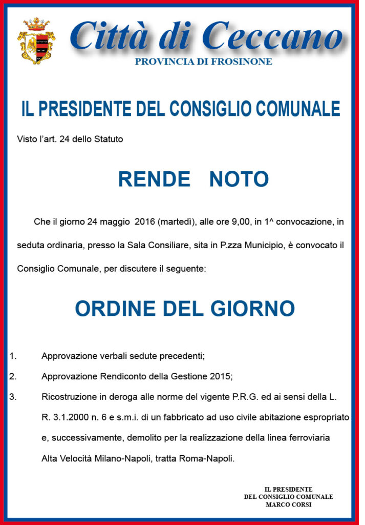 Convocazione Consiglio Comunale del 24/05/2016