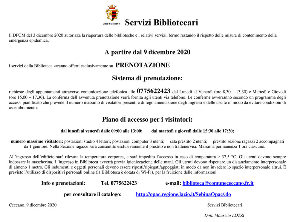 Biblioteca Comunale – rif. disposizioni DPCM del 3 dic. 2020
