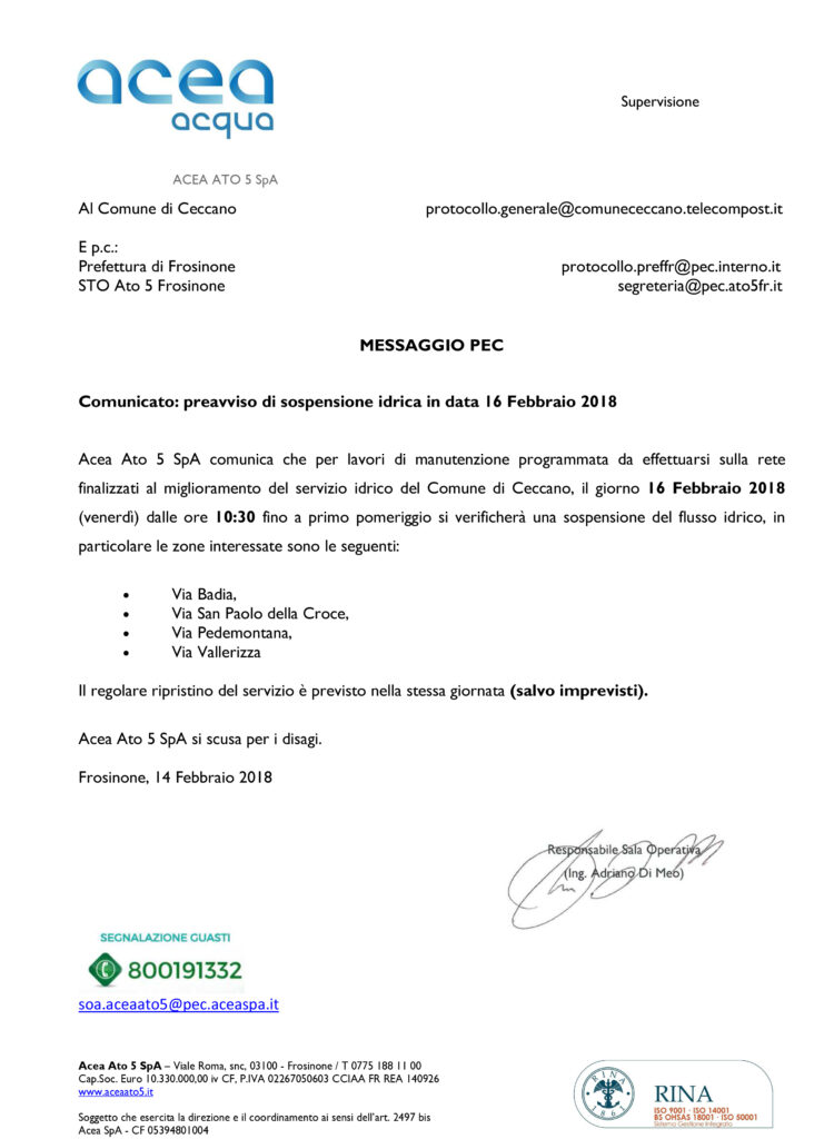 Comunicazione sospensione idrica programmata 15.02.2018