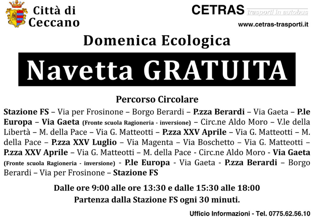 NAVETTA GRATUITA – DOMENICHE ECOLOGICHE – 11 mar. 2018