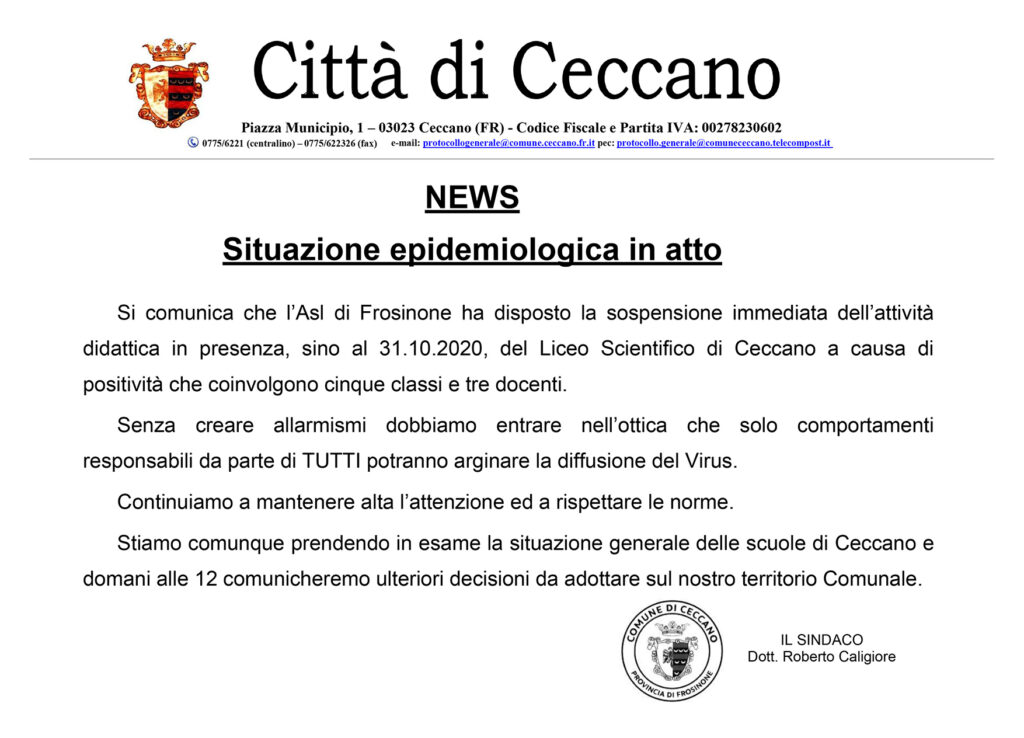 NEWS – Sospensione attività didattica in presenza del Liceo Scientifico di Ceccano