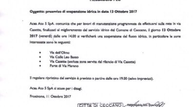 Comunicazione sospensione idrica improvvisa 01.12.2017