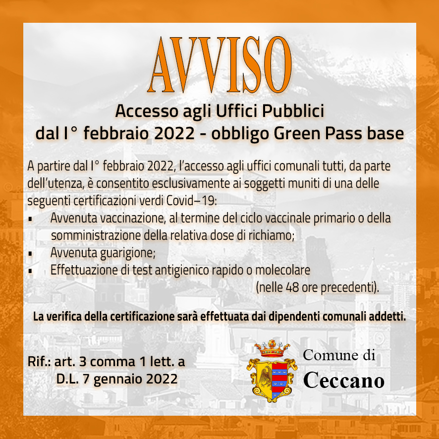 Avviso - Accesso Uffici Pubblici con Green Pass dal 01022022