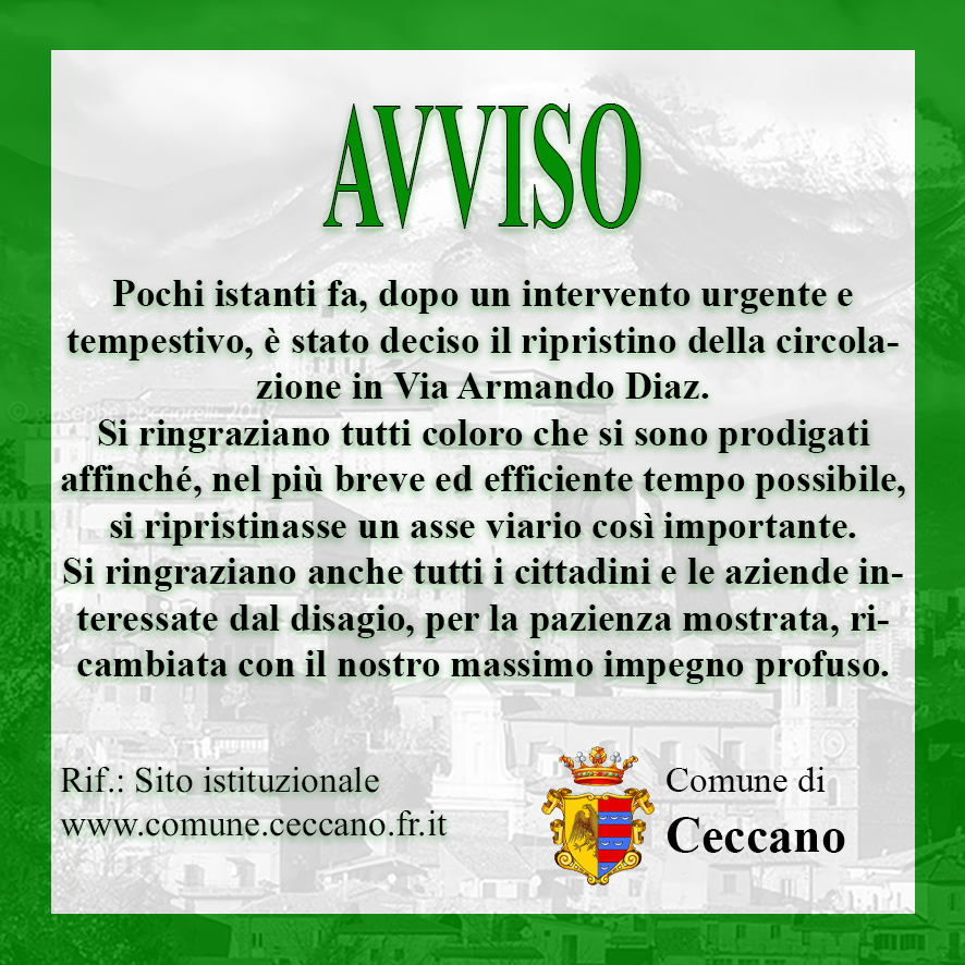 AVVISO – Riapertura parte di strada Via A.Diaz – Via Fosso Fedele